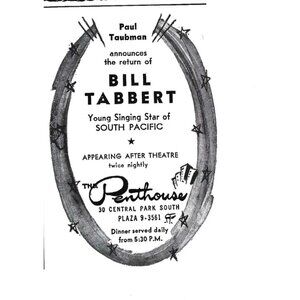 Bill Tabbert South Pacific Penthouse Central Park NYC Advertisement 1950s Vintag